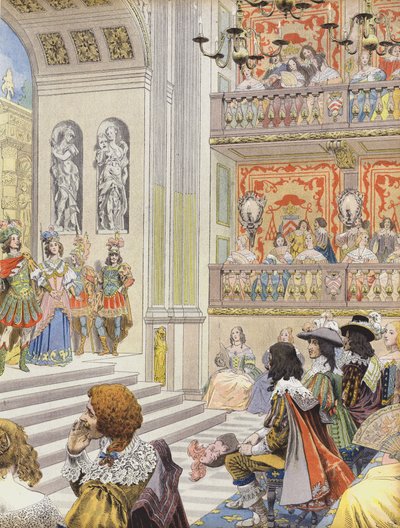 Optræden i teatret i Palais Cardinal of Mirame, stykket skrevet af Richelieu og Desmarets af Maurice Leloir