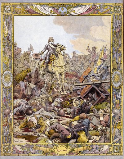 Prins Louis II af Bourbon Conde (Bourbon-Conde), kendt som Grand Conde (1621-1686), hertug af Enghien, der hilser liget af greven af Fontaine i slaget ved Rocroi (Rocroy) mod spanierne, 19. maj af Maurice Leloir