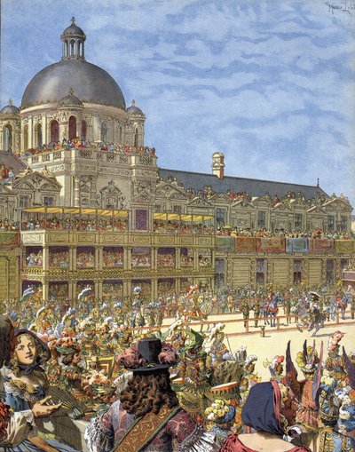 Den kongelige karrusel (ridderturnering), givet i 1662, foran Palais des Tuileries i Paris under Ludvig XIV kendt som Le Roi-Soleil (Kong Soleil eller Ludvig den Store af Maurice Leloir