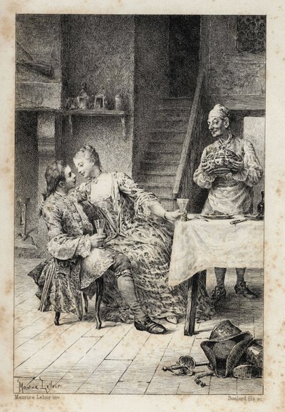 i "Historien om Manon Lescaut og Chevalier Des Grieux" af Abbe Prevost (1697-1763), fransk forfatter. Stik efter tegninger af Maurice Leloir (1885). af Maurice Leloir