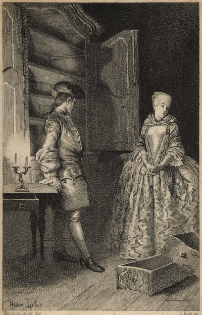 opdagelsen af ​​Vol - i "Historien om Manon Lescaut og Chevalier Des Grieux" af Abbe Prevost (1697-1763), fransk forfatter. Stik efter tegninger af Maurice Leloir (1885). af Maurice Leloir