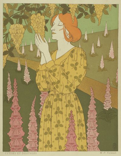 Cytises and Digitales - Kvinde med Wisteria og Foxgloves (farve litho) af Maurice Pillard Verneuil