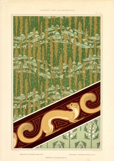 Dekorative art nouveau-mønstre med fisk, hermelin og liljekonval (litografi) af Maurice Pillard Verneuil