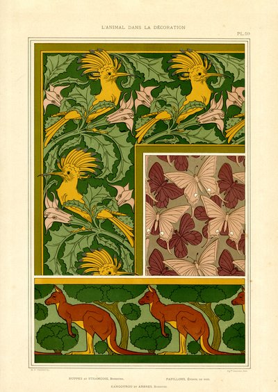 Eksotiske dyremotiver: Kakaduer, sommerfugle og kænguruer (litografi) af Maurice Pillard Verneuil