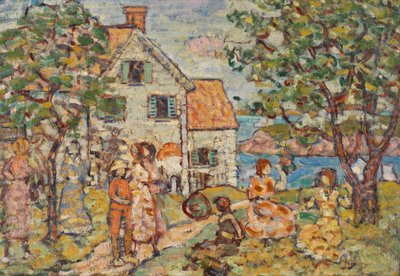 Strand og to huse af Maurice Prendergast