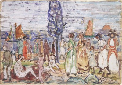 Strand med blåt træ af Maurice Prendergast