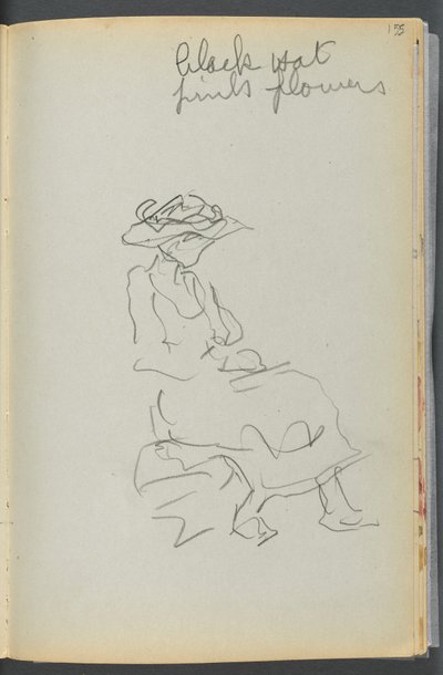 Skitsebog - The Granite Shore Hotel, Rockport, side 155: Siddende kvinde med noter af Maurice Prendergast