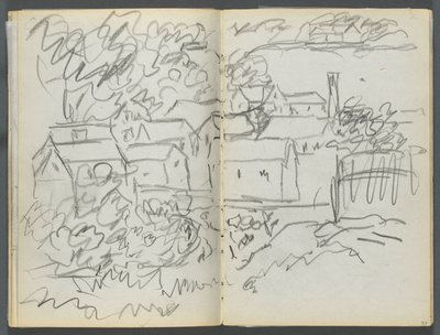 Skitsebog, The Dells, nr. 127, side 096  97: Landskab med huse af Maurice Prendergast