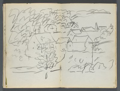 Skitsebog, The Dells, nr. 127, side 108 og 109: Landskab med huse af Maurice Prendergast