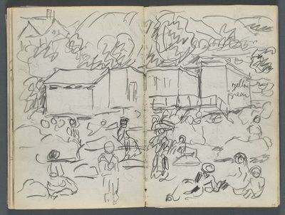 Skitsebog, The Dells, nr. 127, side 114  115: Landskab med figurer og bygninger af Maurice Prendergast