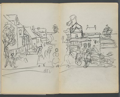 Skitsebog, The Dells, nr. 127, side 174 og 175: Landsby med huse og vej af Maurice Prendergast