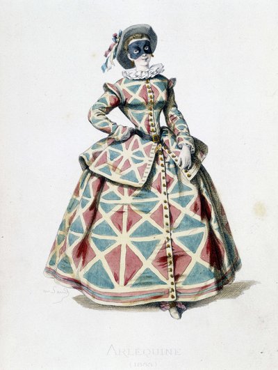 Harlekin kostume og maske i 1855, kvindelig karakter af Harlekin i commedia dell