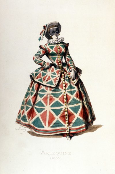 Harlekin kostume og maske i 1855, kvindelig karakter af Harlekin i commedia dell