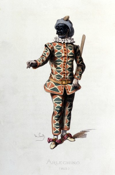 Harlekin i 1671. Maurice Sand “” Masks and Jesters”” Paris 19. århundrede. (Maurice Sand var George Sands søn). af Maurice Sand
