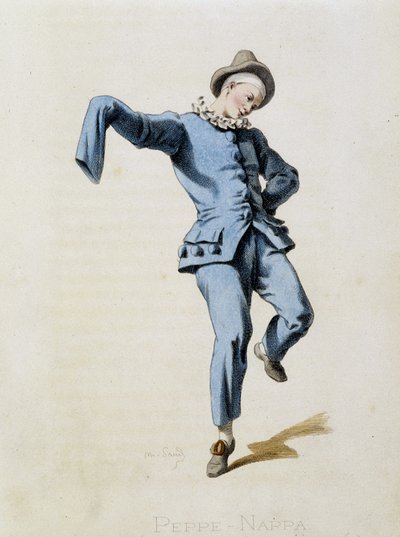 Peppe Nappa (Pierrot eller Peppe-Nappa) tegner fra "Masques et bouffons" (italiensk komedie), tekst og tegninger af Maurice Sand, tryk af A. Manceau, forord af Georges Sand, Paris, Michel Lévy Frères af Maurice Sand