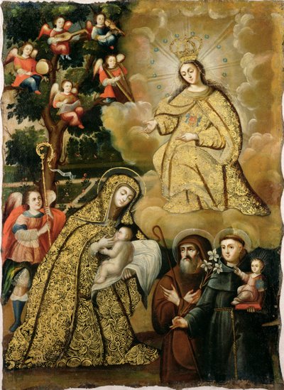 Vision af Jomfruen som Vor Frue af Barmhjertighed med tre hellige, midten af 1700-tallet af Mauricio school of Garcia
