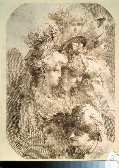 Studie af otte hoveder. (Undersøgelser af otte hoveder). Tegning af Mauro Gandolfi (1764-1834). italiensk kunst. Blyant og brunt indisk blæk på papir. Pushkin Museum, Moskva af Mauro Gandolfi