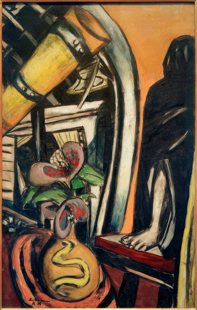 Atelier (nat). Stilleben med et teleskop og en tilsløret figur af Max Beckmann