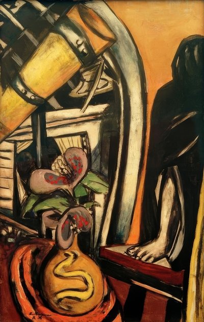 Atelier (nat). Stilleben med et teleskop og en tilsløret figur af Max Beckmann