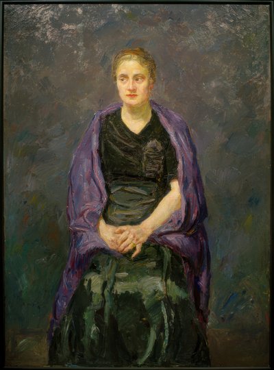Portræt af Minna Beckmann-Tube med et lilla tørklæde af Max Beckmann