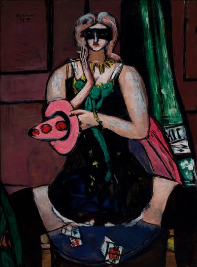 Karnevalsmaske, grøn, violet og lyserød (akeleje) af Max Beckmann