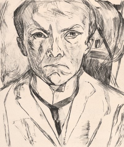 Selvportræt forfra med husgavl i baggrunden af Max Beckmann