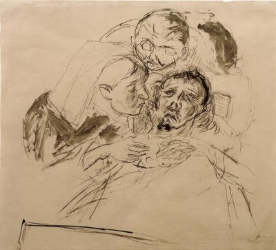 Sygeplejerske og mandsfigur, bøjet over en syg person af Max Beckmann
