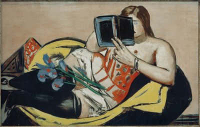 Liggende kvinde med bog og iris af Max Beckmann