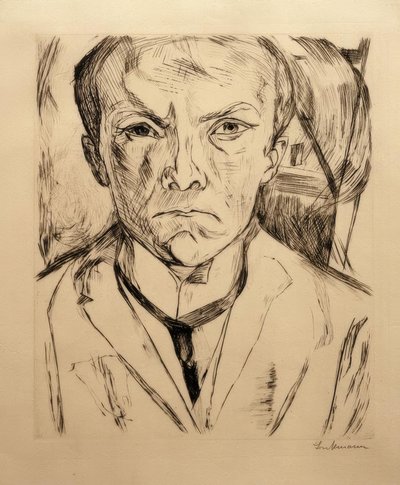 Selvportræt forfra, husgavl i baggrunden af Max Beckmann