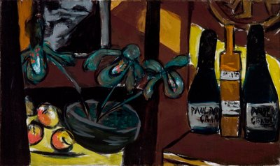 Stilleben på brunt og gult (champagneflasker og orkideer) af Max Beckmann
