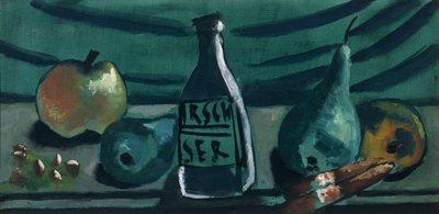 Stilleben med æble og pære (Stilleben med kirsebærbrændevinsflaske) af Max Beckmann