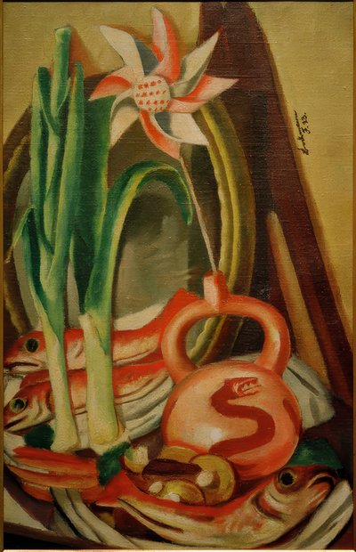 Stilleben med fisk og papirblomst af Max Beckmann