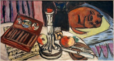 Stilleben med sølv lysestager (Stilleben med katte) af Max Beckmann