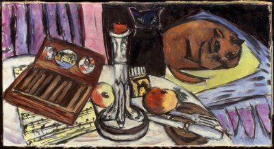 Stilleben med sølv lysestager (Stilleben med katte) af Max Beckmann
