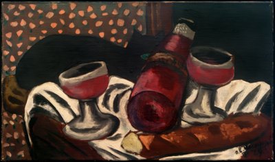 Stilleben med vinglas og en kat af Max Beckmann