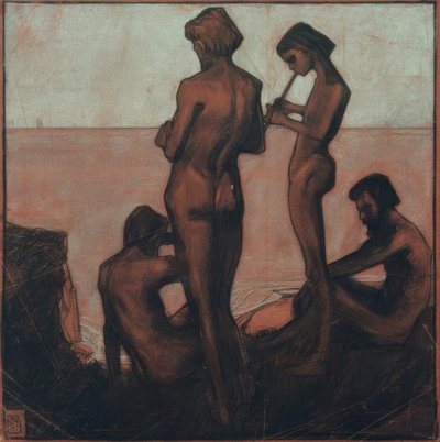 Fire unge mænd ved havet (Unge mænd ved havet - Fire mandsfigurer ved havet) af Max Beckmann