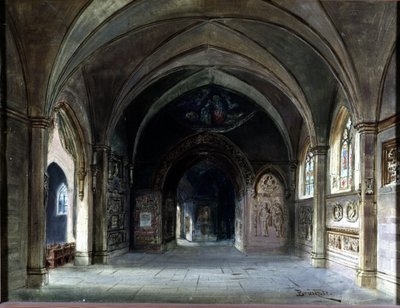 Dekoration til "" Die Meistersinger"" eller "" Les maitres singteurs de Nuremberg"", opera af Richard Wagner. Scenografi af Bruckner, Akt I. Wagner Museum Bayreuth. af Max Bruckner