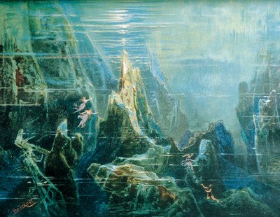 Tyskland, Bayreuth, Scenografi til forestilling The Ring of the Nibelung - The Rhinegold af Richard Wagner, Rhindøtrene af Max Bruckner