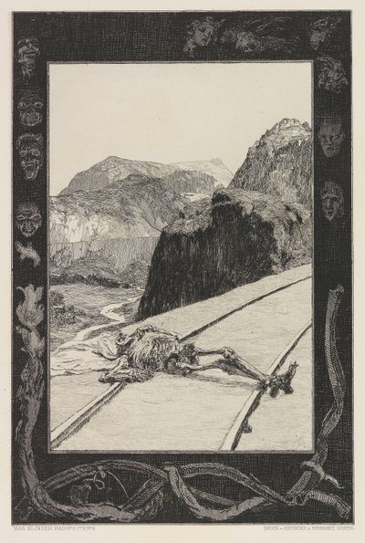 On the Tracks, plade 8 fra portfolioen On Death, Del I, Opus XI, 1897. af Max Klinger