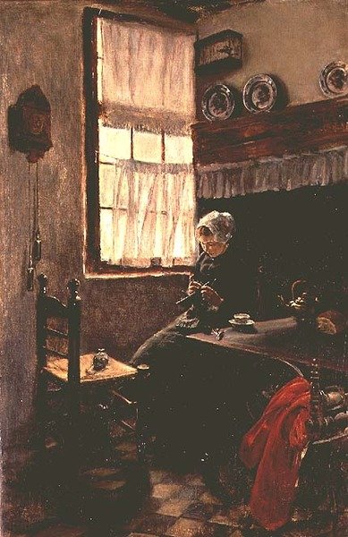 En ung kvinde strikker i et interiør af Max Liebermann