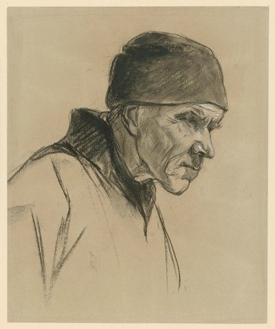 Gammel mand med kasket (brystbillede, profil mod højre), studie til: Gående bonde (1894) af Max Liebermann