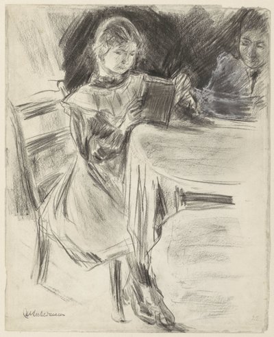 Datter og hustru til Max Liebermann, læser ved et rundt bord af Max Liebermann