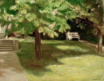 Havebænk under kastanjetræet - kastanjer i blomst af Max Liebermann