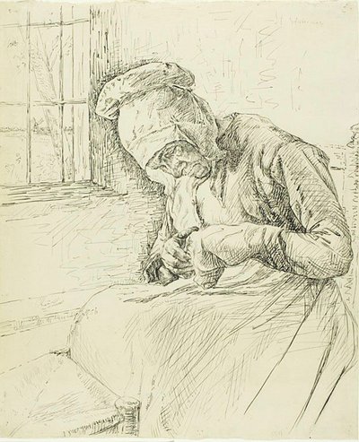Gammel kvinde reparerer ved vinduet af Max Liebermann