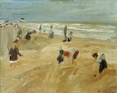 Børn, der leger på stranden i Noordwijk (strandscene i nr. af Max Liebermann