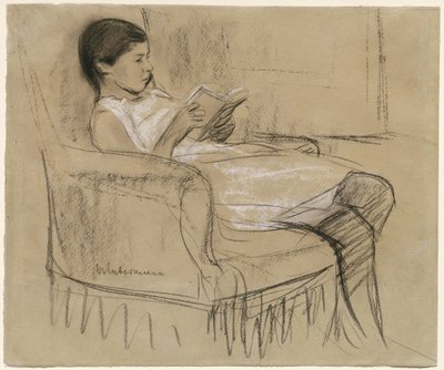 Kunstnerens datter Käthe læser i en stol af Max Liebermann