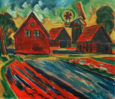 Røde huse med vindmølle af Max Pechstein
