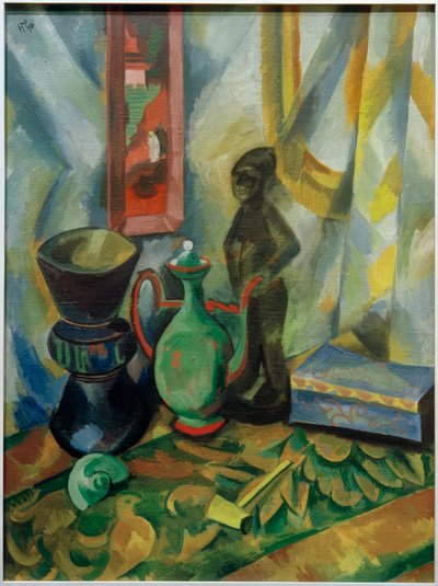 Stilleben med vase, maurisk kande og træfigur af Max Pechstein