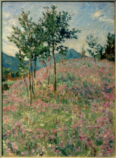 Bjerglandskab med phacelia felt af Max Slevogt