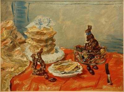 Stilleben med chokoladekaniner af Max Slevogt